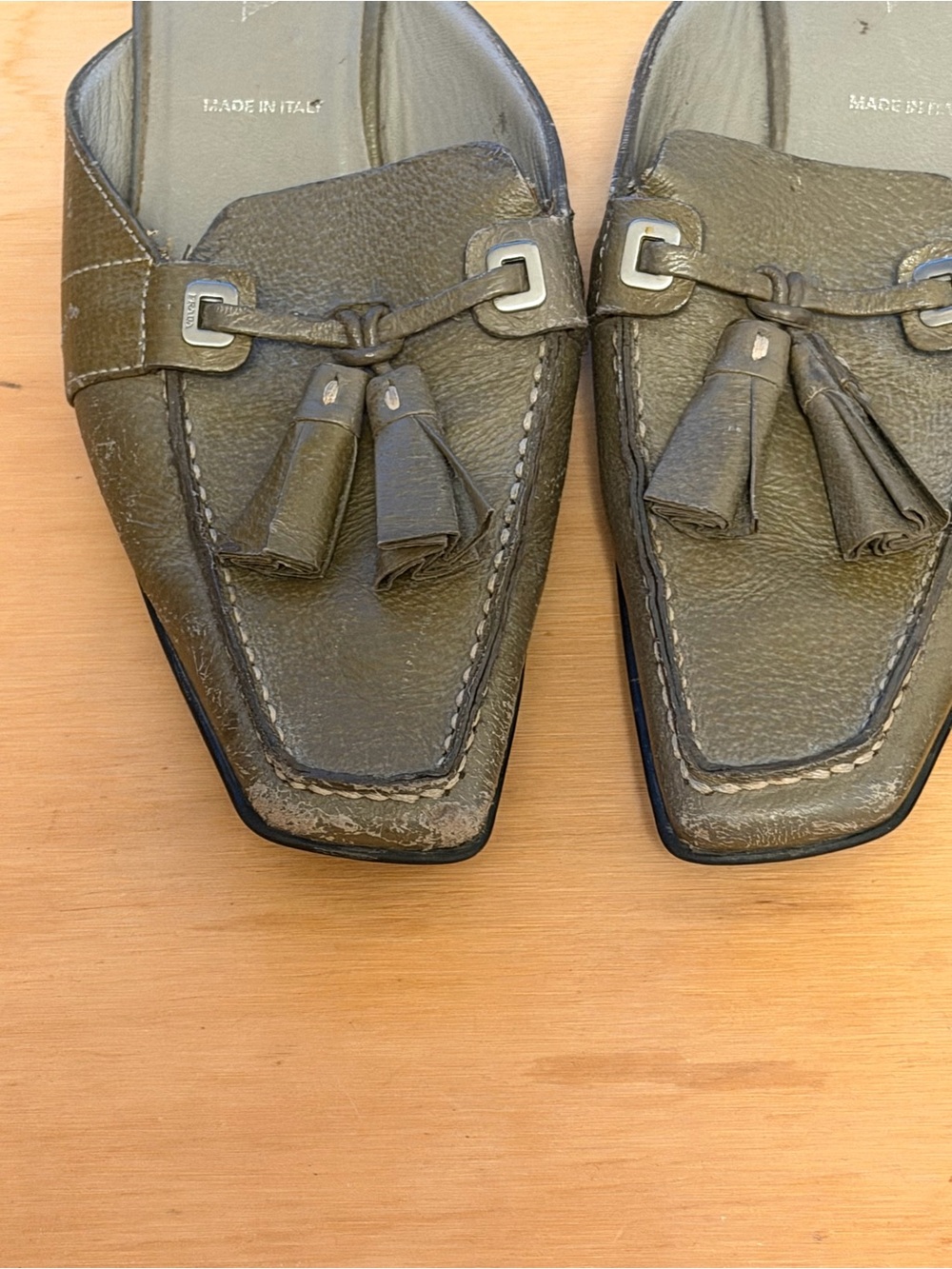 Prada Olive Leather Tassel Slide Mules - Picture 4 of 4